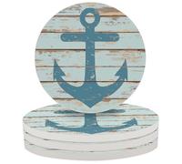 Entemne Coasters Set of 4 Blue Wooden Nautical Anchor Absorbent Ceramic Drinks Coasters with Cork Backing, Table Protection Heat Resistant Non Slip Bar Cup Mats Housewarming Gift