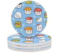 Entemne Coasters Set of 4 Cute Sushi Pattern Japanese Absorbent Ceramic Drinks Coasters with Cork Backing, Table Protection Heat Resistant Non Slip Bar Cup Mats Housewarming Gift