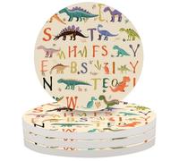 Entemne Coasters Set of 4 Education Alphabet Letter Cartoon Dinosaur Absorbent Ceramic Drinks Coasters with Cork Backing, Table Protection Heat Resistant Non Slip Bar Cup Mats Housewarming Gift