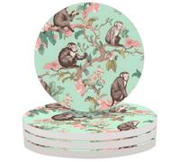 Entemne Coasters Set of 4 Floral Tree Animal Monkey Absorbent Ceramic Drinks Coasters with Cork Backing, Table Protection Heat Resistant Non Slip Bar Cup Mats Housewarming Gift
