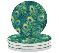 Entemne Coasters Set of 4 Green Peacock Feathers Absorbent Ceramic Drinks Coasters with Cork Backing, Table Protection Heat Resistant Non Slip Bar Cup Mats Housewarming Gift