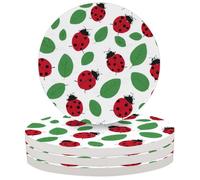 Entemne Coasters Set of 4 Ladybugs Green Leaves Pattern Absorbent Ceramic Drinks Coasters with Cork Backing, Table Protection Heat Resistant Non Slip Bar Cup Mats Housewarming Gift