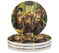 Entemne Coasters Set of 4 Mouse Mat Animal Monkey Bananas Pattern Absorbent Ceramic Drinks Coasters with Cork Backing, Table Protection Heat Resistant Non Slip Bar Cup Mats Housewarming Gift