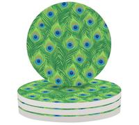 Entemne Coasters Set of 4 Peacock Feathers Green Pattern Absorbent Ceramic Drinks Coasters with Cork Backing, Table Protection Heat Resistant Non Slip Bar Cup Mats Housewarming Gift