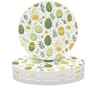 Entemne Coasters Set of 4 Spring Easter Eggs Flowers Green Absorbent Ceramic Drinks Coasters with Cork Backing, Table Protection Heat Resistant Non Slip Bar Cup Mats Housewarming Gift