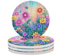 Entemne Coasters Set of 4 Spring Flowers Colorful Absorbent Ceramic Drinks Coasters with Cork Backing, Table Protection Heat Resistant Non Slip Bar Cup Mats Housewarming Gift