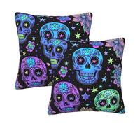 Entemne Colorful Neon Sugar Skull Flowers Cushion Covers 45x45cm Sofa Cushion Covers Set of 2 Soft Cozy Square Throw Pillow Cases with Hidden Zipper For Bed Couch Car Bench Decor
