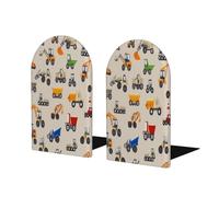 Entemne Construction Trucks Diggers Beige Wood Book Ends 1 Pair Non-Slip L-Shaped Kids Bookend with Metal Base Heavy Duty Decorative Book Stoppers for Shelves Office School