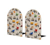 Entemne Construction Trucks Diggers Beige Wood Book Ends 1 Pair Non-Slip L-Shaped Large Bookend with Metal Base Heavy Duty Decorative Book Stoppers for Shelves Office School