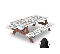Entemne Dog Bowls Bones Hearts Pattern Picnic Table Cover Set with 2 Bench Covers, 5ft Waterproof Windproof Fitted Tablecloth Table Protector with Elastic Edged for Camping BBQ RV Garden Parties
