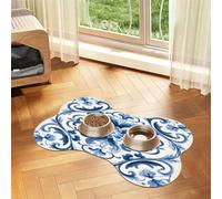 Entemne Dog Feeding Mat Absorbent Dog Bowl Mat With Non-Slip Rubber Backing 60x40cm Blue Ethnic Flower Retro Pet Feeding Mats For Cat Waterproof Water Bowl Pad Placemat Protect Floor