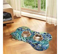 Entemne Dog Feeding Mat Absorbent Dog Bowl Mat With Non-Slip Rubber Backing 60x40cm Retro Oil Painting Irises Flower Pet Feeding Mats For Cat Waterproof Water Bowl Pad Placemat Protect Floor