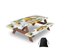Entemne Gnome Rainbow Yellow Bee Flowers Picnic Table Cover Set with 2 Bench Covers, 5ft Waterproof Windproof Fitted Tablecloth Table Protector with Elastic Edged for Camping BBQ RV Garden Parties