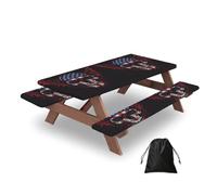 Entemne Gothic American Flag Skull Picnic Table Cover Set with 2 Bench Covers, 5ft Waterproof Windproof Fitted Tablecloth Table Protector with Elastic Edged for Camping BBQ RV Garden Parties