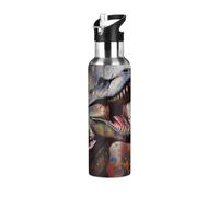 Entemne Jurassic Animal Dinosaur Art Insulated Water Bottle with Straw 600ml Kids Water Bottles Leakproof Stainless Steel Vacuum Bottle for Boys Girls Adult Outdoor Sports Thermos Flask)