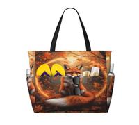 Entemne Large Beach Bag With Zip Autumn Forest Fox Waterproof Sand-Proof Beach Tote Bag Foldable Swim Bag For Women Travel Holiday Gym Pool Caravan