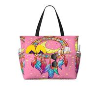 Entemne Large Beach Bag With Zip Cartoon Dreamcatcher Moon Pink Waterproof Sand-Proof Beach Tote Bag Foldable Swim Bag For Women Travel Holiday Gym Pool Caravan