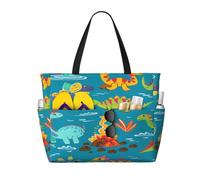 Entemne Large Beach Bag With Zip Colored Tropical Dino Dinosaur Waterproof Sand-Proof Beach Tote Bag Foldable Swim Bag For Women Travel Holiday Gym Pool Caravan