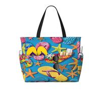 Entemne Large Beach Bag With Zip Colorful Flip Flops Summer Starfish Blue Waterproof Sand-Proof Beach Tote Bag Foldable Swim Bag For Women Travel Holiday Gym Pool Caravan