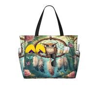 Entemne Large Beach Bag With Zip Cute Owl Floral Dreamcatcher Waterproof Sand-Proof Beach Tote Bag Foldable Swim Bag For Women Travel Holiday Gym Pool Caravan
