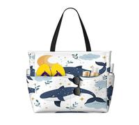 Entemne Large Beach Bag With Zip Cute Whale Moon Waterproof Sand-Proof Beach Tote Bag Foldable Swim Bag For Women Travel Holiday Gym Pool Caravan