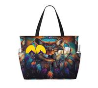 Entemne Large Beach Bag With Zip Ethnic Wolf Dreamcatcher Waterproof Sand-Proof Beach Tote Bag Foldable Swim Bag For Women Travel Holiday Gym Pool Caravan