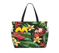 Entemne Large Beach Bag With Zip Flowers Tropical Palm Leaves Waterproof Sand-Proof Beach Tote Bag Foldable Swim Bag For Women Travel Holiday Gym Pool Caravan