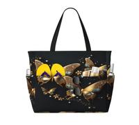 Entemne Large Beach Bag With Zip Flying Gold Butterflies Waterproof Sand-Proof Beach Tote Bag Foldable Swim Bag For Women Travel Holiday Gym Pool Caravan