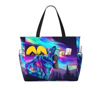 Entemne Large Beach Bag With Zip Galaxy Fox Animal Waterproof Sand-Proof Beach Tote Bag Foldable Swim Bag For Women Travel Holiday Gym Pool Caravan