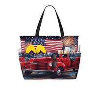 Entemne Large Beach Bag With Zip Independence Day Red Truck Flag Waterproof Sand-Proof Beach Tote Bag Foldable Swim Bag For Women Travel Holiday Gym Pool Caravan