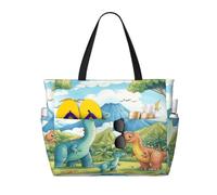 Entemne Large Beach Bag With Zip Jungle Cartoon Dinosaurs Waterproof Sand-Proof Beach Tote Bag Foldable Swim Bag For Women Travel Holiday Gym Pool Caravan