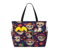 Entemne Large Beach Bag With Zip Mexico Day Of The Dead Sugar Skull Waterproof Sand-Proof Beach Tote Bag Foldable Swim Bag For Women Travel Holiday Gym Pool Caravan