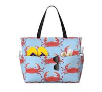 Entemne Large Beach Bag With Zip Ocean Animal Red Crabs Waterproof Sand-Proof Beach Tote Bag Foldable Swim Bag For Women Travel Holiday Gym Pool Caravan