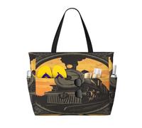 Entemne Large Beach Bag With Zip Old Steam Engine Train Waterproof Sand-Proof Beach Tote Bag Foldable Swim Bag For Women Travel Holiday Gym Pool Caravan