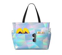 Entemne Large Beach Bag With Zip Rainbow Pastel Geometric Iridescent Waterproof Sand-Proof Beach Tote Bag Foldable Swim Bag For Women Travel Holiday Gym Pool Caravan