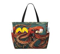 Entemne Large Beach Bag With Zip Retro Red Octopus Ocean Waterproof Sand-Proof Beach Tote Bag Foldable Swim Bag For Women Travel Holiday Gym Pool Caravan