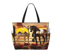 Entemne Large Beach Bag With Zip Sea Beach Romantic Rose Horses Waterproof Sand-Proof Beach Tote Bag Foldable Swim Bag For Women Travel Holiday Gym Pool Caravan