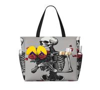 Entemne Large Beach Bag With Zip Skeletal Red Rose Romantic Waterproof Sand-Proof Beach Tote Bag Foldable Swim Bag For Women Travel Holiday Gym Pool Caravan