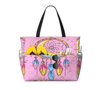 Entemne Large Beach Bag With Zip Star Dreamcatcher Pink Waterproof Sand-Proof Beach Tote Bag Foldable Swim Bag For Women Travel Holiday Gym Pool Caravan