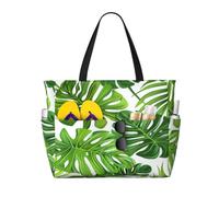 Entemne Large Beach Bag With Zip Tropical Palm Tree Monstera Leaves Waterproof Sand-Proof Beach Tote Bag Foldable Swim Bag For Women Travel Holiday Gym Pool Caravan