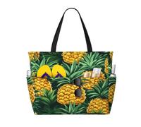 Entemne Large Beach Bag With Zip Tropical Pineapples Fruits Waterproof Sand-Proof Beach Tote Bag Foldable Swim Bag For Women Travel Holiday Gym Pool Caravan