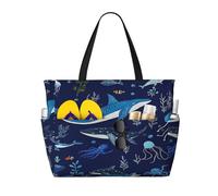 Entemne Large Beach Bag With Zip Underwater Sea Whale Jellyfish Waterproof Sand-Proof Beach Tote Bag Foldable Swim Bag For Women Travel Holiday Gym Pool Caravan