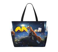 Entemne Large Beach Bag With Zip Wildlife Fox Galaxy Floral Waterproof Sand-Proof Beach Tote Bag Foldable Swim Bag For Women Travel Holiday Gym Pool Caravan