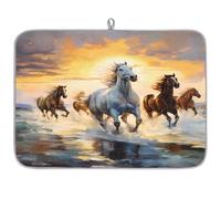 Entemne Large Dish Drying Mat 45x60cm Wild Horses Running Sea Beach Drying Mat for Kitchen Counter Protector Absorbent Heat Resistant Coffee Bar Mats Drainer Rack Pad