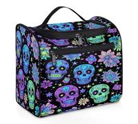 Entemne Large Hanging Makeup Bag for Travel, Colorful Neon Sugar Skull Flowers Cosmetic Toiletry Organiser with Pockets Waterproof Portable Makeup Case for Women Ladies Girls Men Gifts