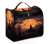 Entemne Large Hanging Makeup Bag for Travel, Halloween Cemetery Graveyard Bats Moon Cosmetic Toiletry Organiser with Pockets Waterproof Portable Makeup Case for Women Ladies Girls Men Gifts