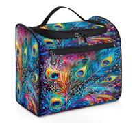 Entemne Large Hanging Makeup Bag for Travel, Multicolored Peacock Feathers Cosmetic Toiletry Organiser with Pockets Waterproof Portable Makeup Case for Women Ladies Girls Men Gifts