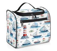 Entemne Large Hanging Makeup Bag for Travel, Nautical Sailboat Lighthouse Pattern Cosmetic Toiletry Organiser with Pockets Waterproof Portable Makeup Case for Women Ladies Girls Men Gifts