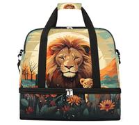 Entemne Large Travel Bag for Women Men Africa Wild Animal Lion Foldable Duffle Holdall Bag with Shoe Compartment Lightweight Carry on Luggage Tote Overnight Weekender Duffels