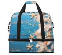 Entemne Large Travel Bag for Women Men Blue Wooden Board Seashells Foldable Duffle Holdall Bag with Shoe Compartment Lightweight Carry on Luggage Tote Overnight Weekender Duffels
